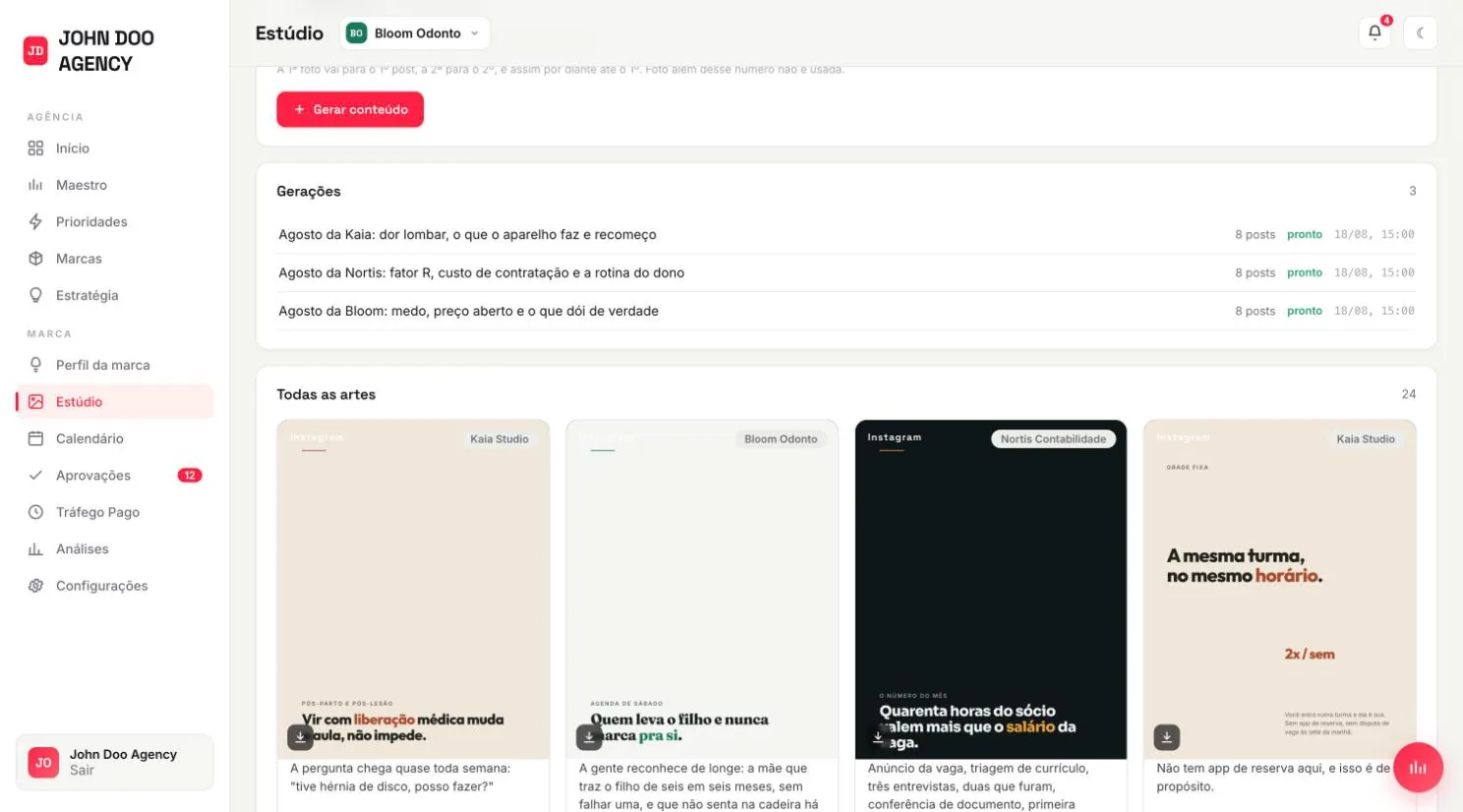 Estúdio: lista de gerações do mês e o começo da grade de artes