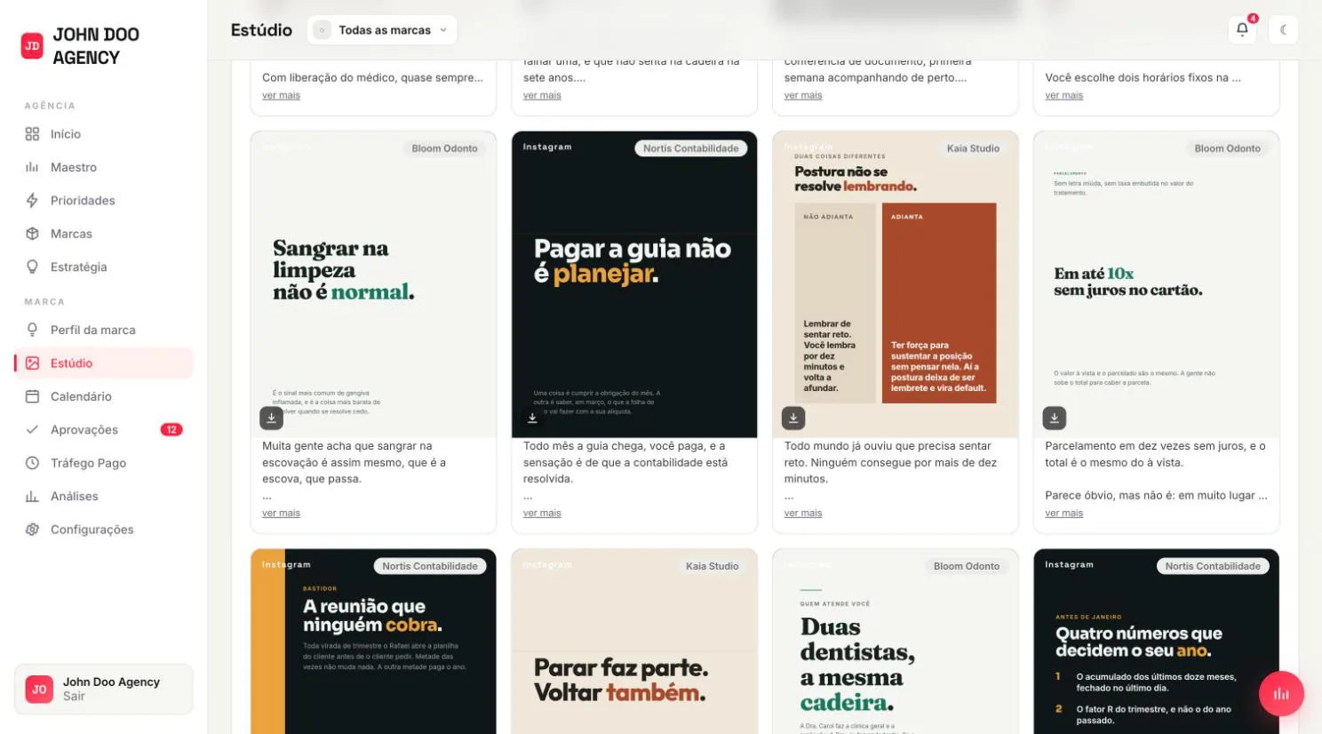 Grade de artes do Estúdio com peças de três marcas diferentes, cada uma na paleta e na tipografia da sua marca