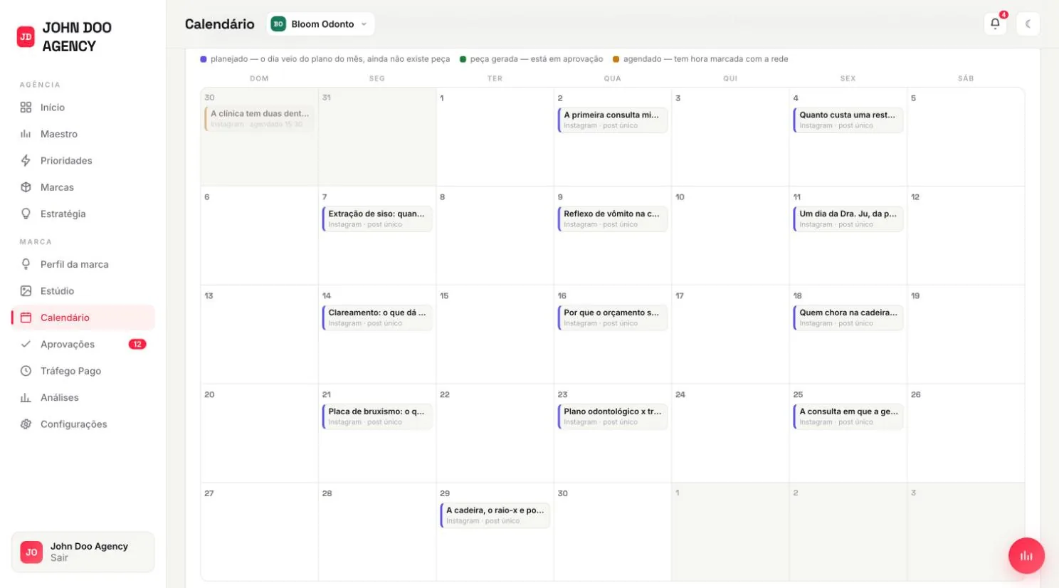 Calendário de setembro de uma marca, com posts distribuídos em segundas, quartas e sextas