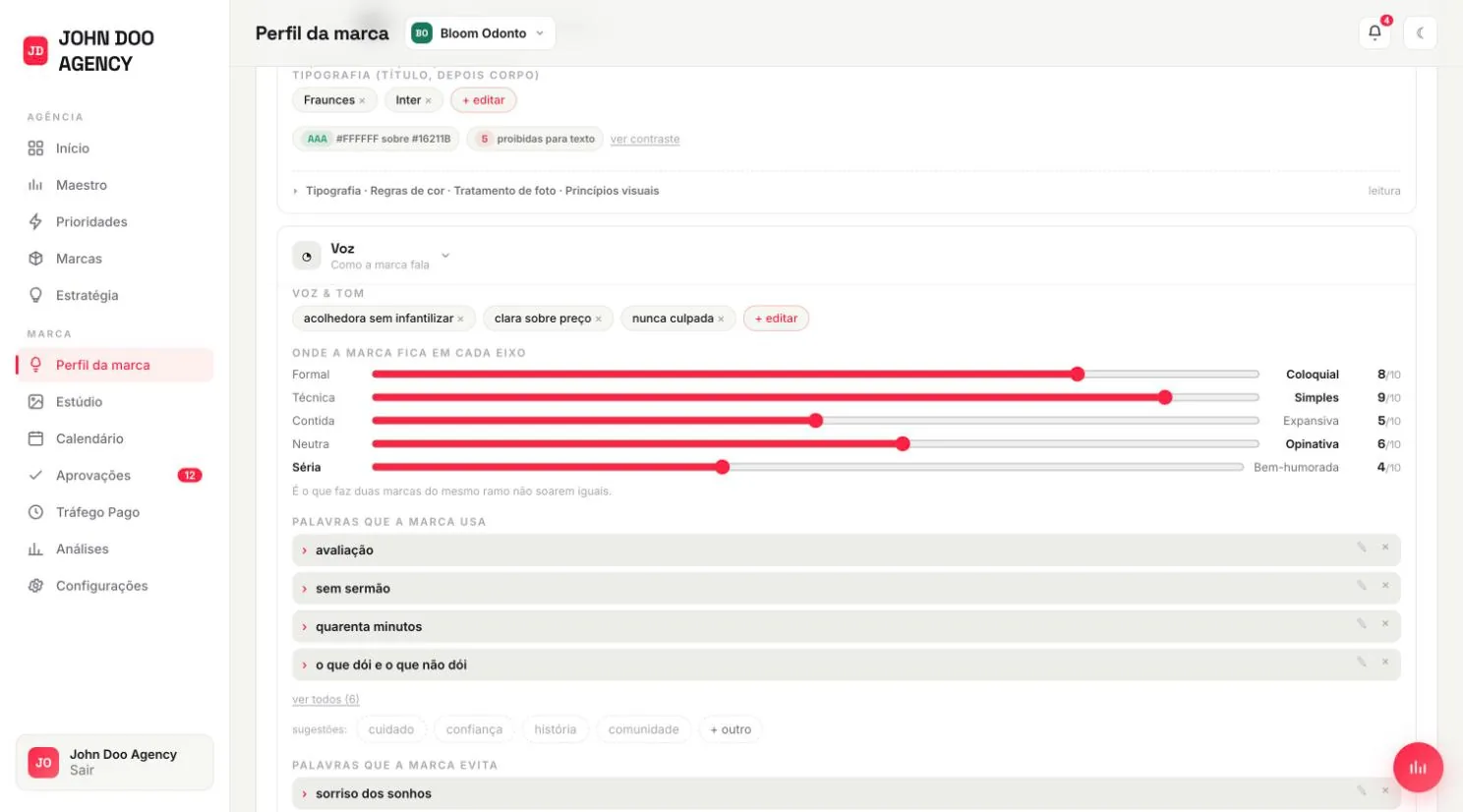 Seção de voz: eixos de formal a coloquial, palavras que a marca usa e palavras que ela evita